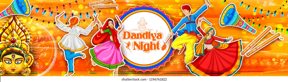 illustration of couple playing Dandiya in disco Garba Night poster for Navratri Dussehra festival of India