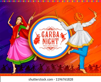 illustration of couple playing Dandiya in disco Garba Night poster for Navratri Dussehra festival of India