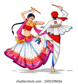 illustration of couple playing Dandiya in disco Garba Night banner poster for Navratri Dussehra festival of India svg