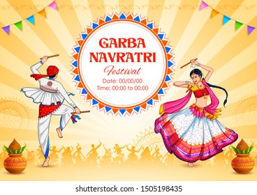 illustration of couple playing Dandiya in disco Garba Night banner poster for Navratri Dussehra festival of India