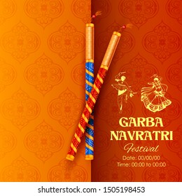 illustration of couple playing Dandiya in disco Garba Night banner poster for Navratri Dussehra festival of India