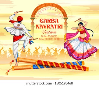 illustration of couple playing Dandiya in disco Garba Night banner poster for Navratri Dussehra festival of India svg
