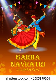 illustration of couple playing Dandiya in disco Garba Night banner poster for Navratri Dussehra festival of India