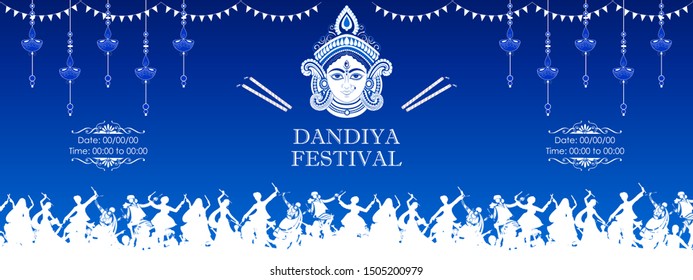 illustration of couple playing Dandiya in disco Garba Night banner poster for Navratri Dussehra festival of India