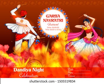 illustration of couple playing Dandiya in disco Garba Night banner poster for Navratri Dussehra festival of India