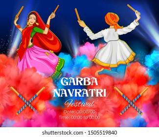 illustration of couple playing Dandiya in disco Garba Night banner poster for Navratri Dussehra festival of India