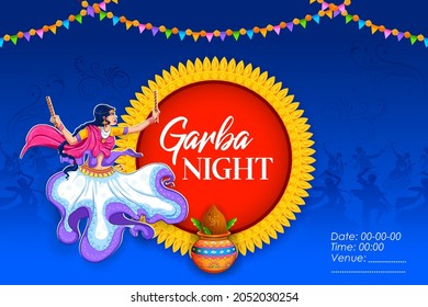 illustration of couple playing Dandiya in disco Garba Night banner poster for Navratri Dussehra festival of India