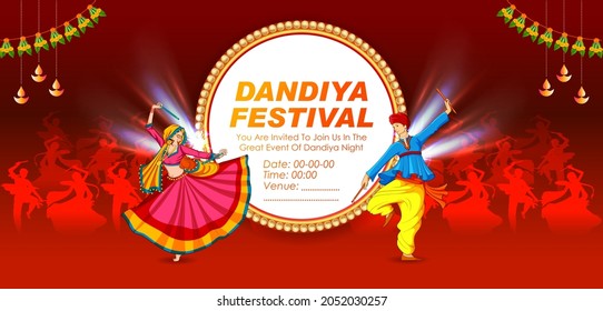 illustration of couple playing Dandiya in disco Garba Night banner poster for Navratri Dussehra festival of India