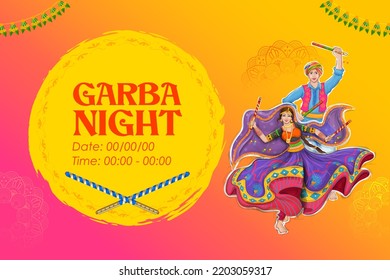 ilustración de una pareja jugando Dandiya en la discoteca Garba Nocturna afiche del festival Navratri Dussehra de la India