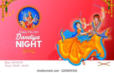 illustration of couple playing Dandiya in disco Garba Night banner poster for Navratri Dussehra festival of India