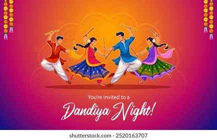 Ilustración de una pareja tocando Dandiya en la discoteca Cartel del Anuncio nocturno de Garba para el festival Navratri Dussehra de India