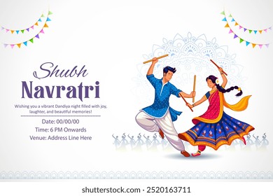 ilustração de casal tocando Dandiya em disco Garba Noite cartaz banner para Navratri Dussehra festival da Índia