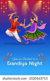 ilustração de casal tocando Dandiya em disco Garba Noite cartaz banner para Navratri Dussehra festival da Índia