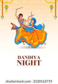 illustration of couple playing Dandiya in disco Garba Night banner poster for Navratri Dussehra festival of India