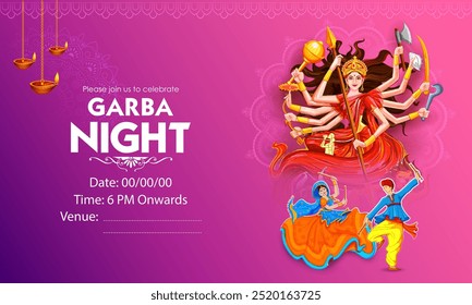 ilustração de casal tocando Dandiya em disco Garba Noite cartaz banner para Navratri Dussehra festival da Índia