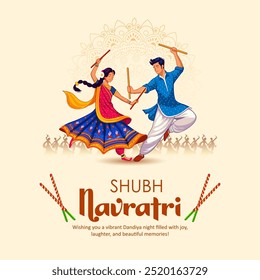 illustration of couple playing Dandiya in disco Garba Night banner poster for Navratri Dussehra festival of India