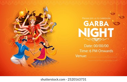 Ilustración de una pareja tocando Dandiya en la discoteca Cartel del Anuncio nocturno de Garba para el festival Navratri Dussehra de India