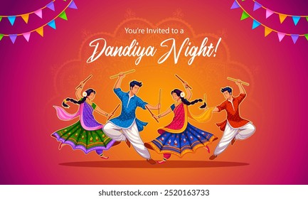 ilustração de casal tocando Dandiya em disco Garba Noite cartaz banner para Navratri Dussehra festival da Índia