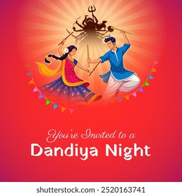 illustration of couple playing Dandiya in disco Garba Night banner poster for Navratri Dussehra festival of India