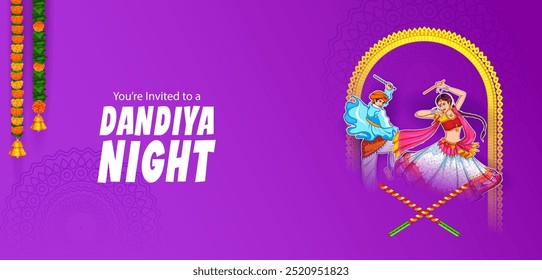 illustration of couple playing Dandiya in disco Garba Night banner poster for Navratri Dussehra festival of India