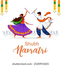 Ilustración de una pareja tocando Dandiya en la discoteca Cartel del Anuncio nocturno de Garba para el festival Navratri Dussehra de India