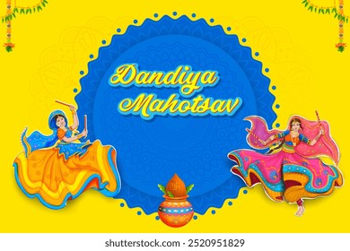 illustration of couple playing Dandiya in disco Garba Night banner poster for Navratri Dussehra festival of India