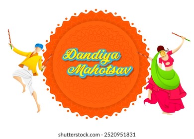 illustration of couple playing Dandiya in disco Garba Night banner poster for Navratri Dussehra festival of India