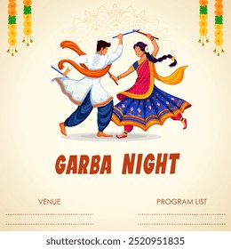 illustration of couple playing Dandiya in disco Garba Night banner poster for Navratri Dussehra festival of India