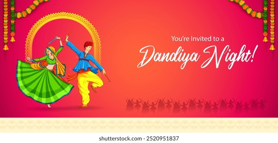 ilustração de casal tocando Dandiya em disco Garba Noite cartaz banner para Navratri Dussehra festival da Índia