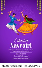 illustration of couple playing Dandiya in disco Garba Night banner poster for Navratri Dussehra festival of India