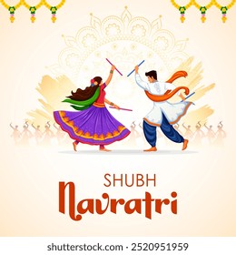 Ilustración de una pareja tocando Dandiya en la discoteca Cartel del Anuncio nocturno de Garba para el festival Navratri Dussehra de India