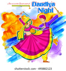 illustration of couple playing Dandiya in disco Garba Night poster for Navratri Dussehra festival of India