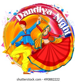 illustration of couple playing Dandiya in disco Garba Night poster for Navratri Dussehra festival of India