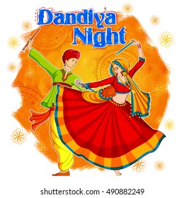 illustration of couple playing Dandiya in disco Garba Night poster for Navratri Dussehra festival of India