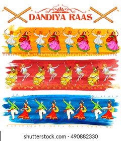 illustration of couple playing Dandiya in disco Garba Night poster for Navratri Dussehra festival of India