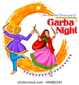 illustration of couple playing Dandiya in disco Garba Night poster for Navratri Dussehra festival of India