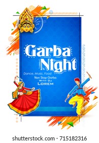 illustration of couple playing Dandiya in disco Garba Night poster for Navratri Dussehra festival of India