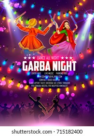 illustration of couple playing Dandiya in disco Garba Night poster for Navratri Dussehra festival of India