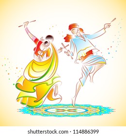 illustration of couple playing dandiya on rangoli