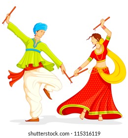 illustration of couple playing dandiya on white background