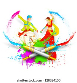 illustration of couple playing Holi with color and pichkari