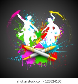 illustration of couple playing Holi with color and pichkari