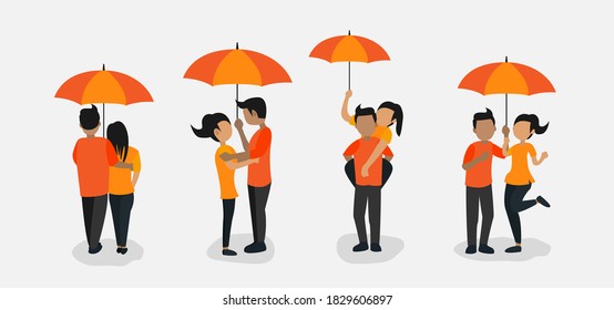 Ilustración de una pareja jugando con un paraguas, vector