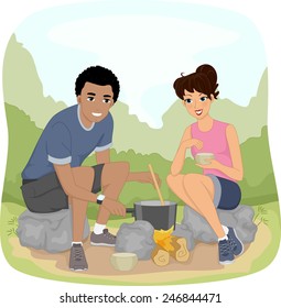 Illustration of a Couple Preparing Food While Out on a Hike