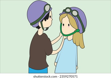 illustration of a couple putting on a helmet on their partner