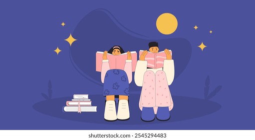 Ilustración de una pareja leyendo libros bajo un cielo nocturno con estrellas y luna, creando un ambiente acogedor y tranquilo. Concepto de Vector de adultos jóvenes.