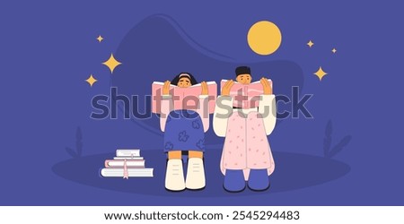 Illustration of a couple reading books under a night sky with stars and moon, creating a cozy and peaceful atmosphere. Young adult vector concept.