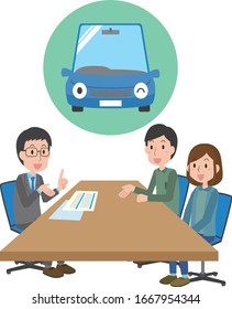 Ilustración de una pareja que recibe una explicación sobre la compra de camión