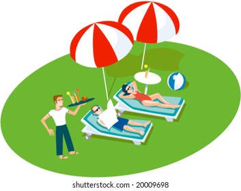 Illustration of couple relaxing on chairs under umbrellas