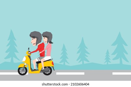 An illustration of a couple riding scooter motorbike